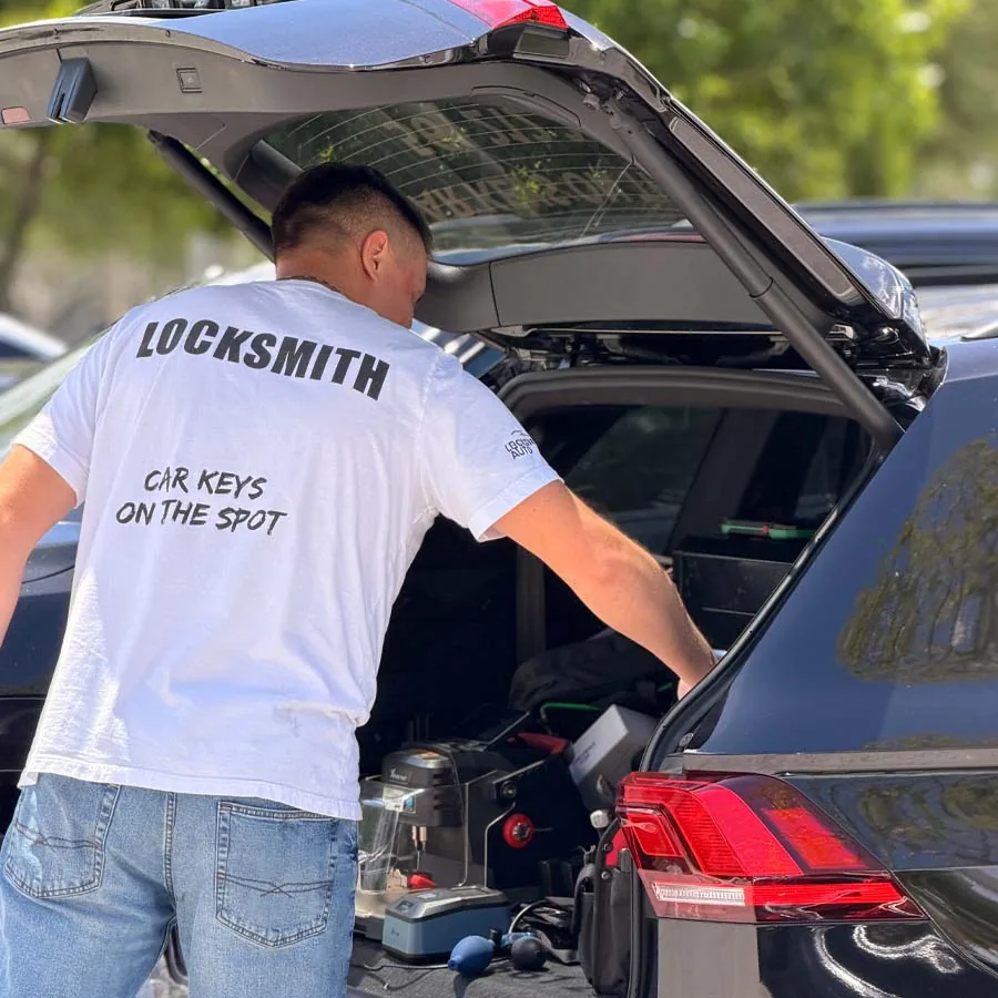 Key cutting machine and tools in the back of a Locksmith Auto vehicle